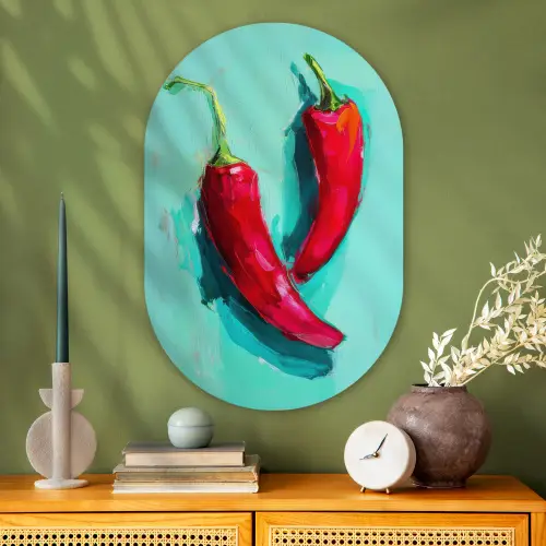 Chilipepers - Geverfd - Rood Wandcirkel Ovaal Glas middel -sfeer2