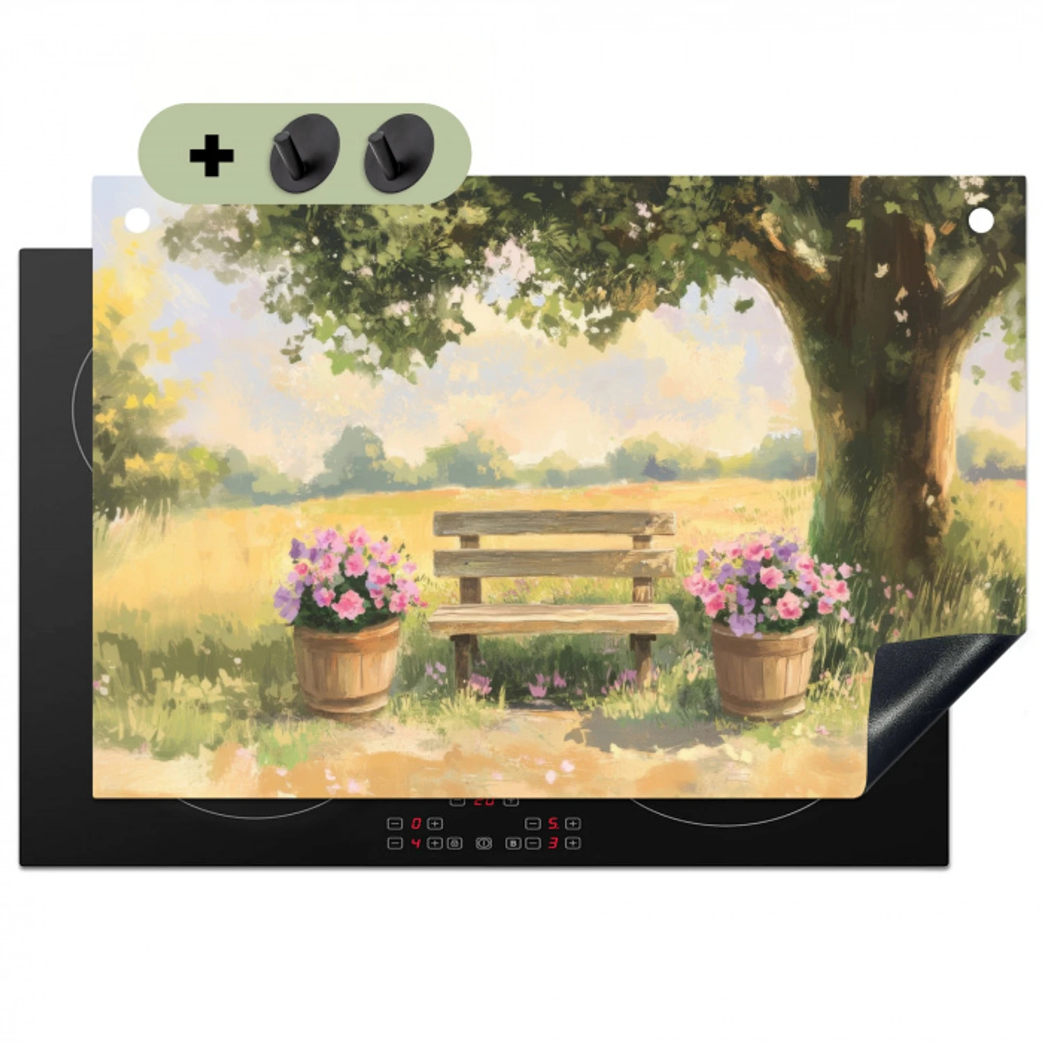 Houten bankje - Bloempotten - Landschap Inductie beschemer met haakjes klein -3d