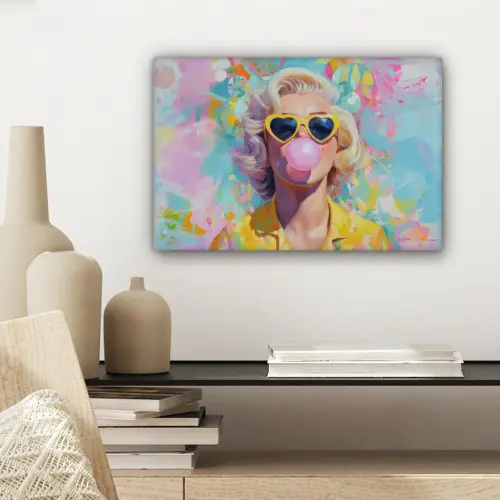 Vrouw - Blond - Roze kauwgom - Kleurrijk - Pastel canvas 2cm klein -sfeer6