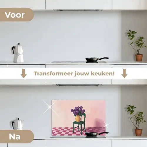 Stoel - Vaas - Bloemen - Geblokt keuken achterwand spatscherm klein -voor_na_NL