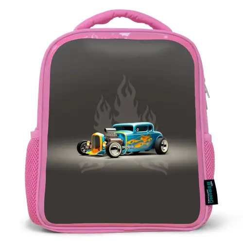 Blauwe auto met grijze vlammen Kinderrugzak - Roze middel -3d