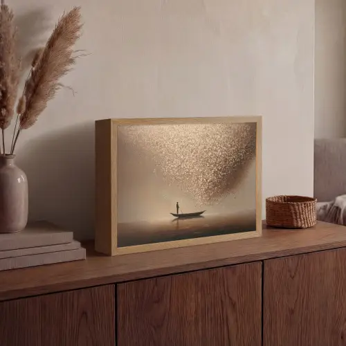 Bootje - Blaadjes - Goud - Water Light Box met batterij (Wandlamp) middel -sfeer2