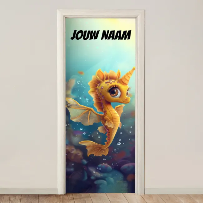Deursticker met naam - Zeepaardje - Illustratie - Geel