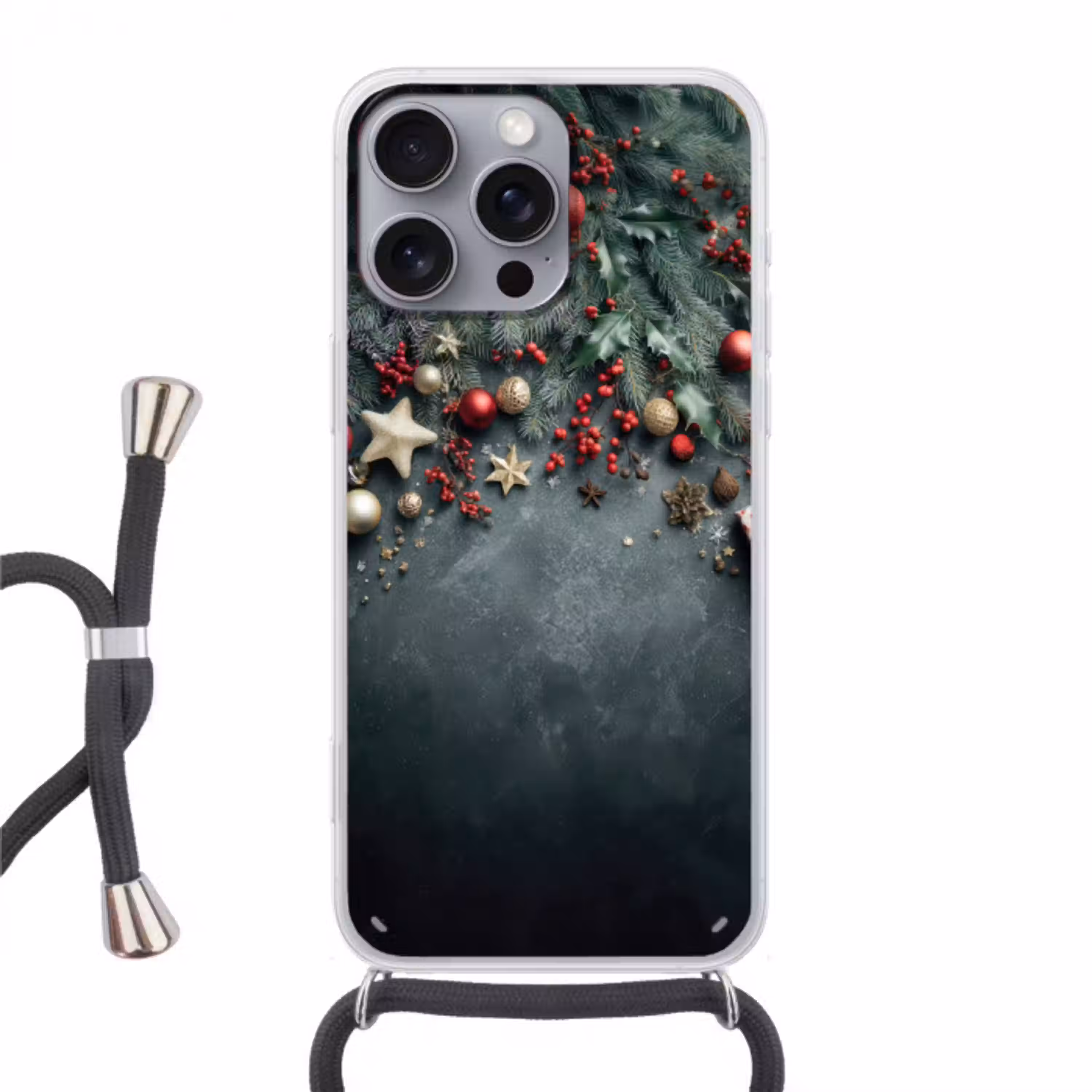 Kerstomlijsting - Hulst - Kleurrijk Hoesje iPhone 16 Pro Max met koord klein -3d