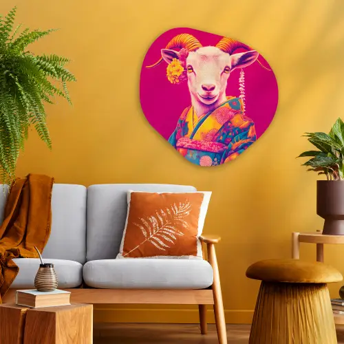 Geit - Hoorns - Kimono - Kleurrijk Wandcirkel Organisch Plexiglas middel -sfeer4