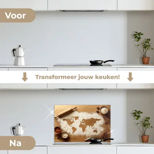 Hout - Wereldkaart - Bakken - Keuken keuken achterwand spatscherm klein -voor_na_NL