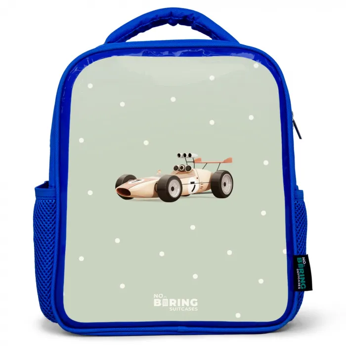 Beige retro raceauto op groene stippen achtergrond Kinderrugzak - Blauw middel -3d