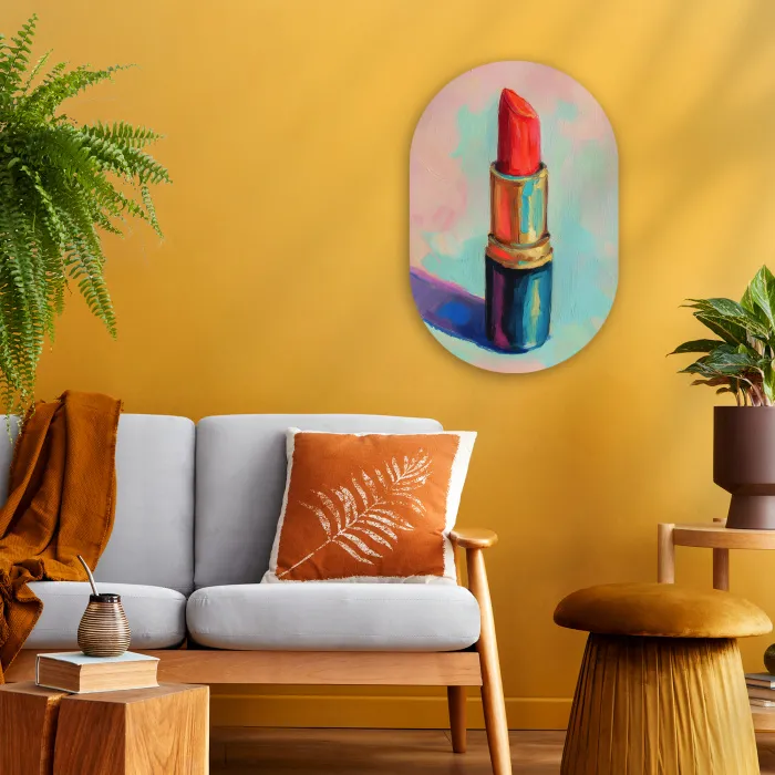 Lippenstift - Rood - Penseelstreken Wandcirkel Ovaal Forex klein -sfeer4
