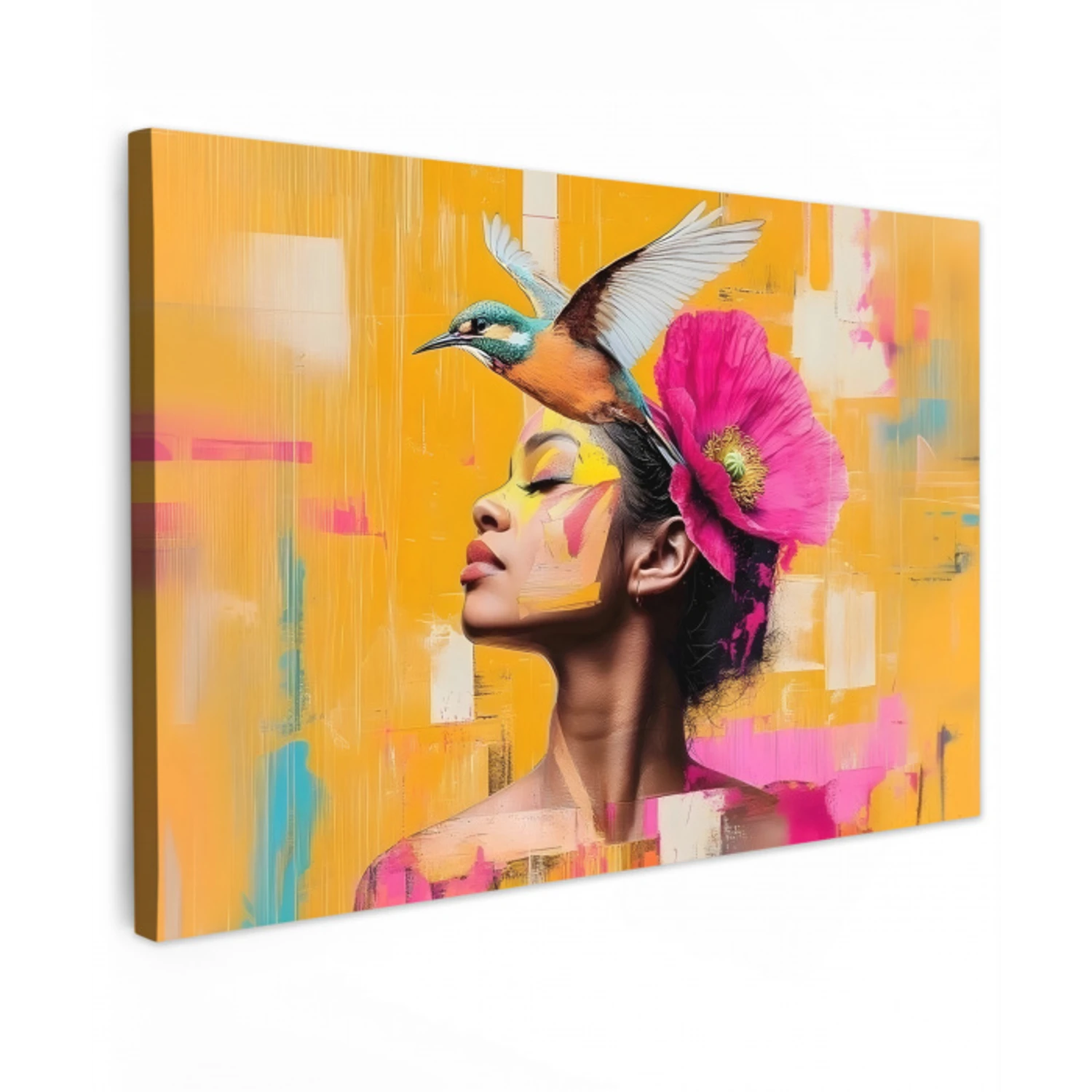 Vogel - Vrouw - Abstract - Bloem Tuinposter op houten frame 2 cm dik klein -3d