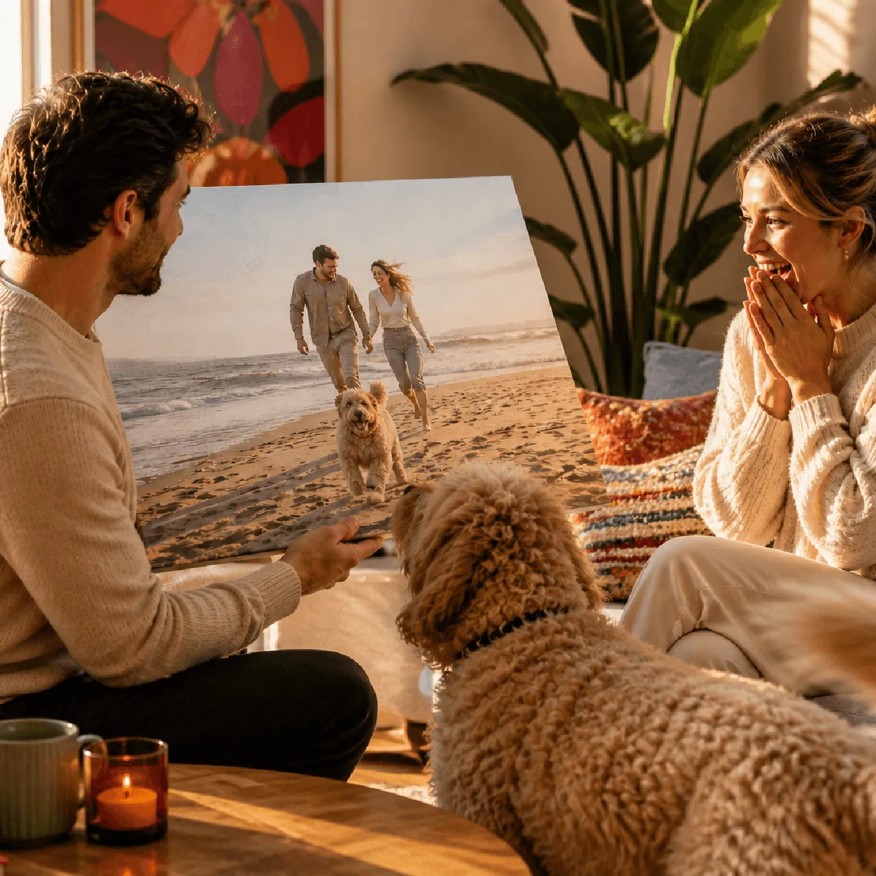 foto op canvas stel gelukkig met hond