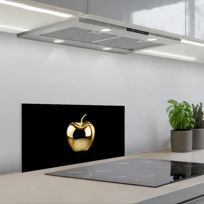 Appel - Goud - Chrome - Zwart keuken achterwand spatscherm klein -3d_schuin