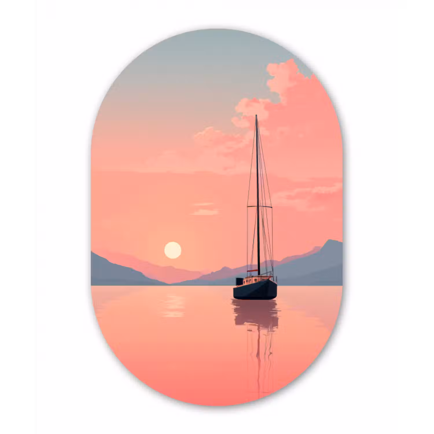 Glasbild Oval - Segelboot - Rosa Meer - Sonnenuntergang - Berge