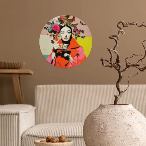 Retro - Vrouw - Kopje - Vlinders Wandcirkel behangsticker klein -sfeer1