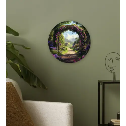 Doorkijk - Rozenboog - Uitzicht - Landschap - Bloemen Wandcirkel kunststof plaat 5mm dik klein -sfeer3