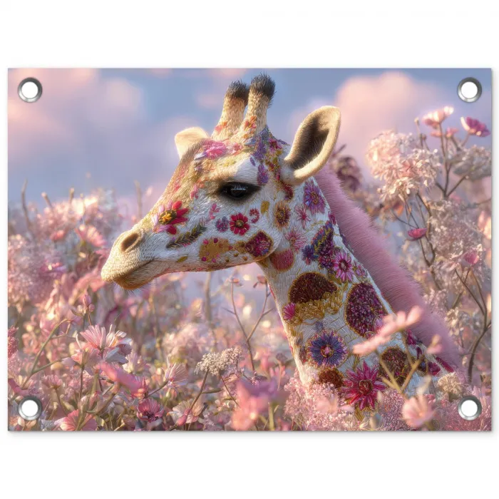 Giraffe - Bloemen - Roze tuinposter los doek klein -3d