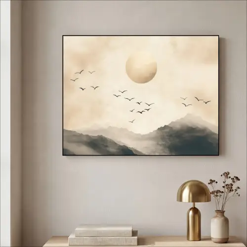 Landschap - Japandi - vogel Textielframe zwart klein -sfeer2