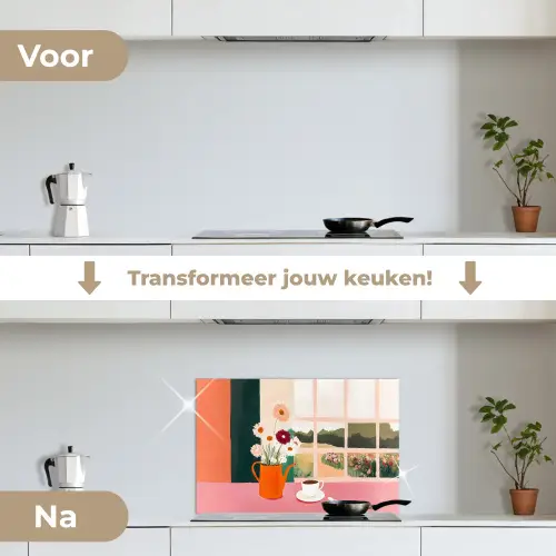Bloemen - Koffie - Raam keuken achterwand spatscherm klein -voor_na_NL