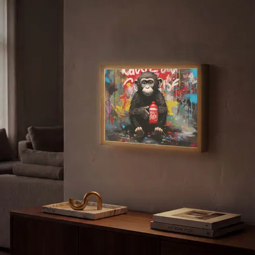 Aap - Graffiti - Dieren - Kunst - Flesje - Kleuren Light Box met batterij (Wandlamp) middel -sfeer1