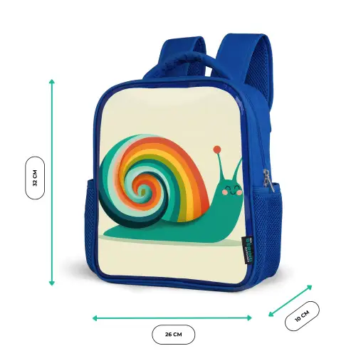 Slak - Regenboogschild - Groen Kinderrugzak - Blauw middel -productfoto_formaten