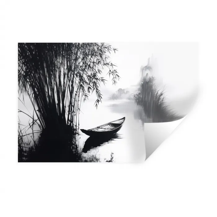 Boot - Rivier - Bamboe - Wit Muursticker klein -3d