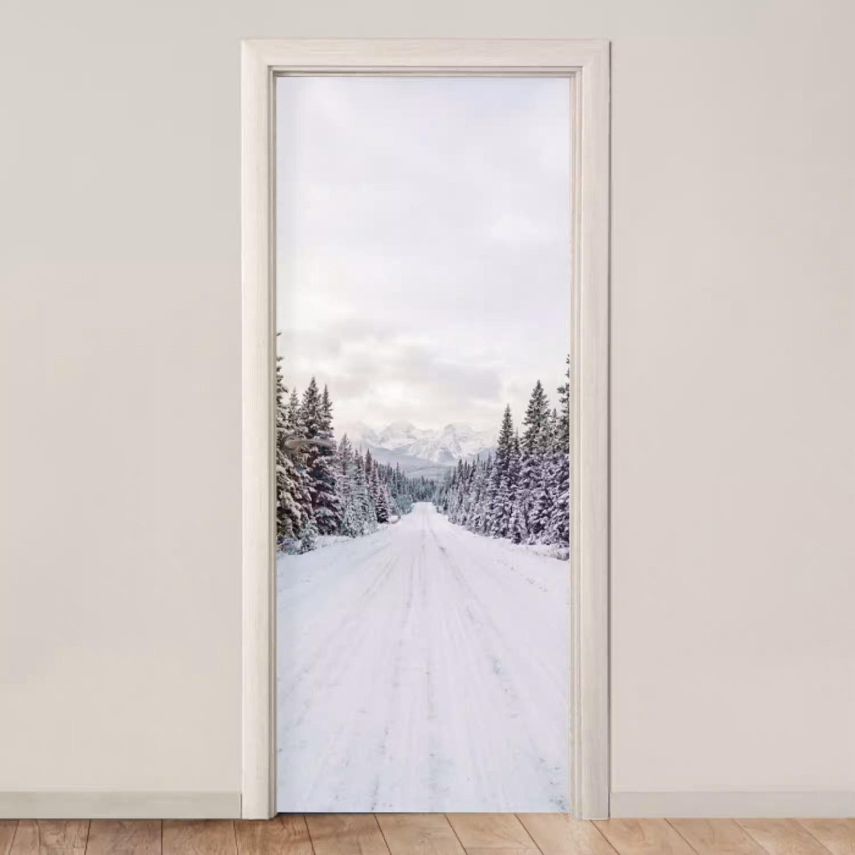 Weg - Sneeuw - Naaldbos - Winter - Avontuurlijk deurposter klein -3d_beige