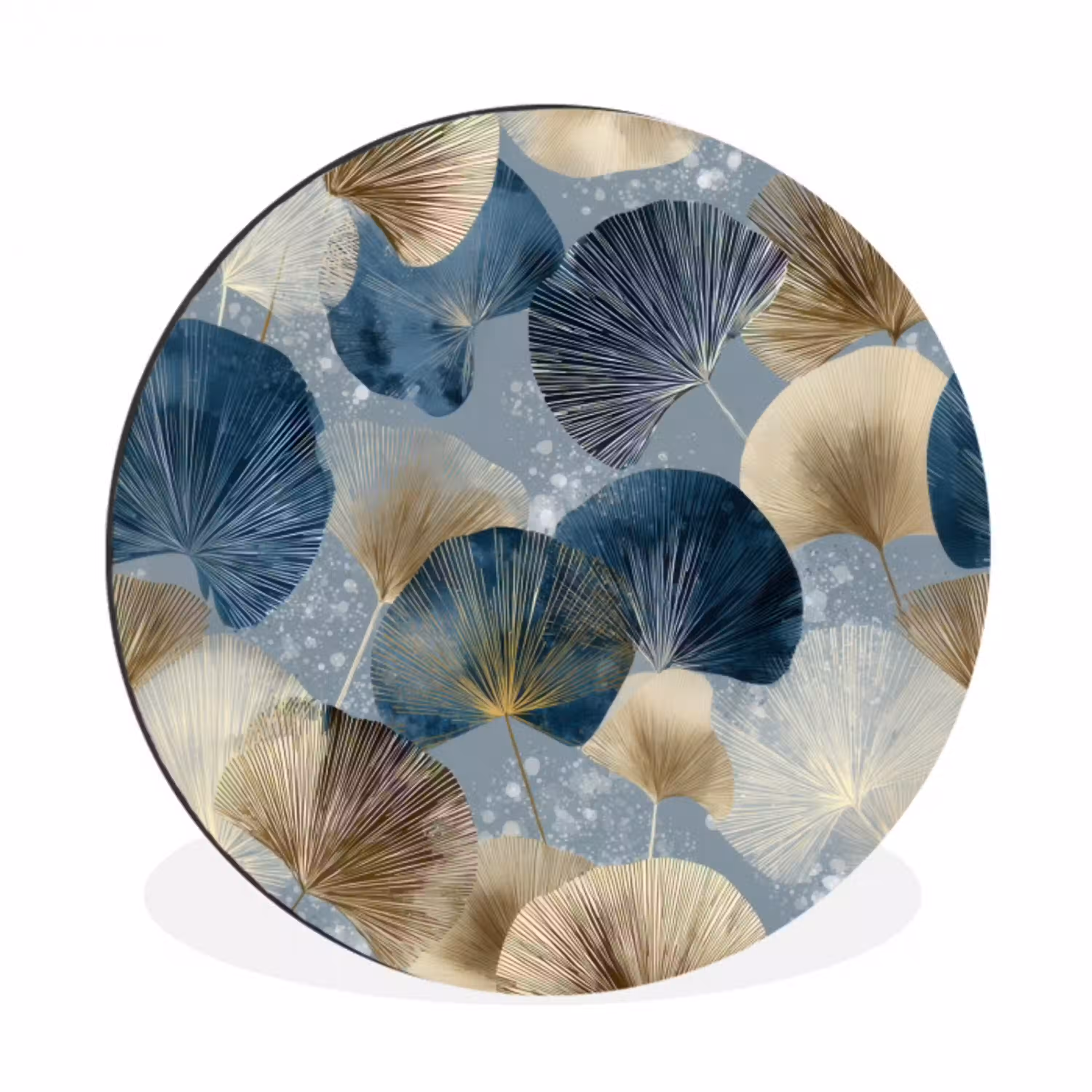 Bladeren - Abstract - Goud - Blauw Wandcirkel aluminium klein -3d