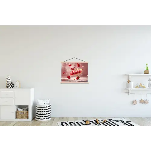 Aardbei - Taart- Eten - Roze textielposter latten blank klein -kinderkamer