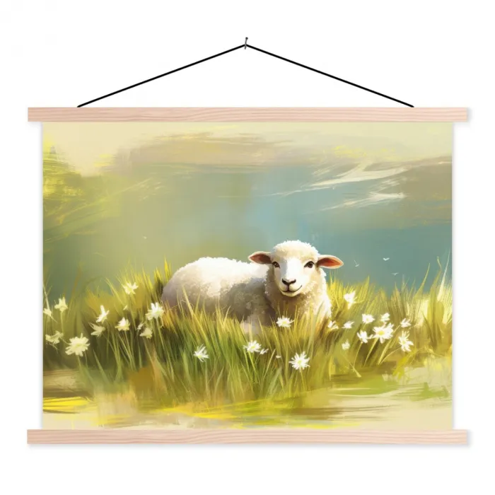 Schaap - Weide - Groen textielposter latten blank klein -3d