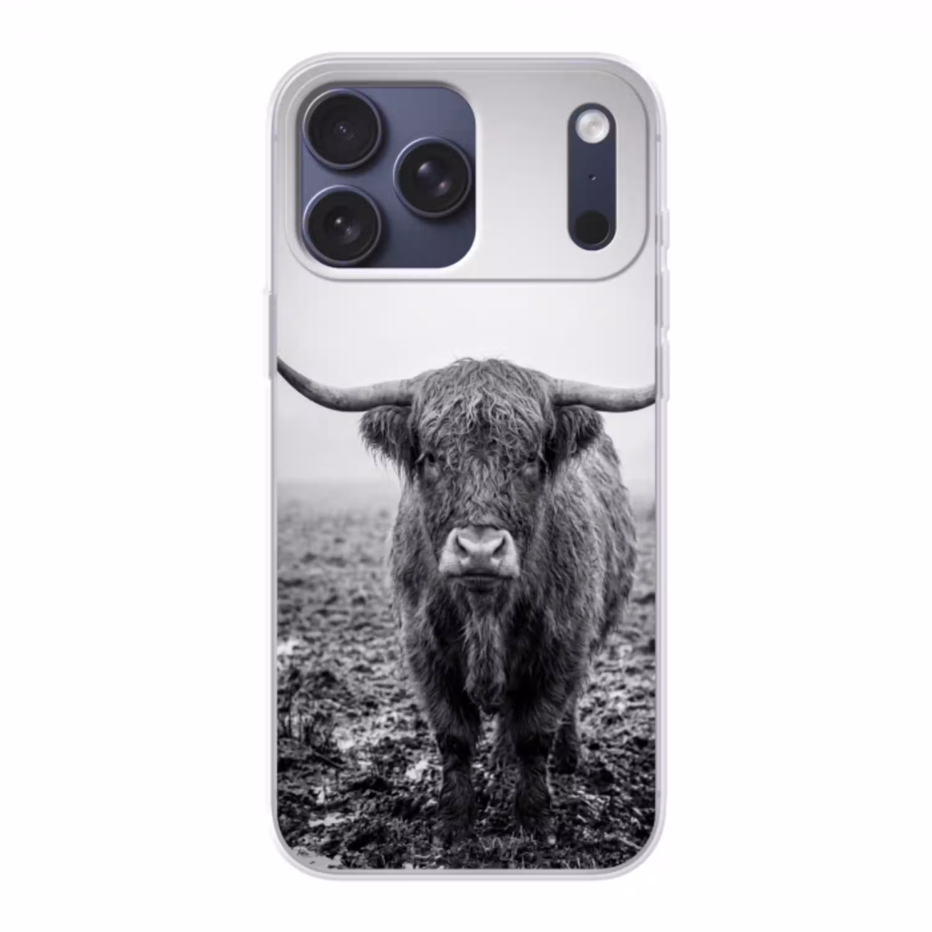 Schotse hooglander - Zwart - Wit - Gras Telefoonhoesje iPhone 17 Pro Max klein -3d