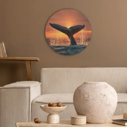 Walvis staart - Water - Zonsondergang Akoestische PET Vilt - Rond klein -sfeer1