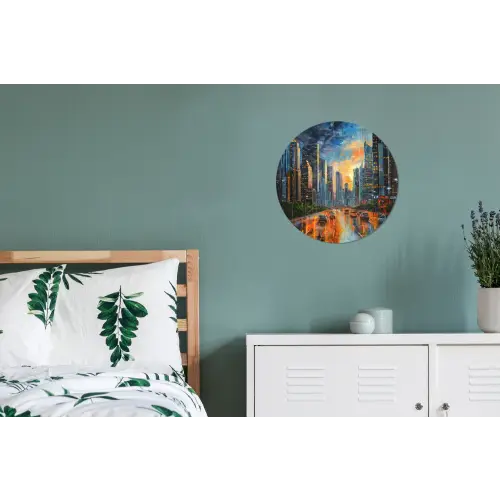 Auto - Skyline - Zon - Blauw Wandcirkel aluminium klein -slaapkamer