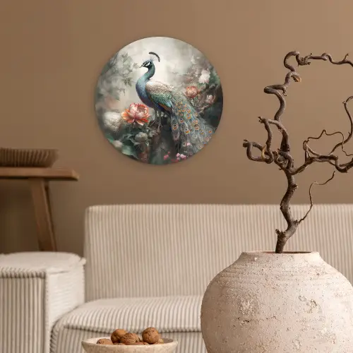 Pauw - Pauwenveren - Vogel - Jungle - Bloemen Wandcirkel kunststof plaat 5mm dik klein -sfeer1