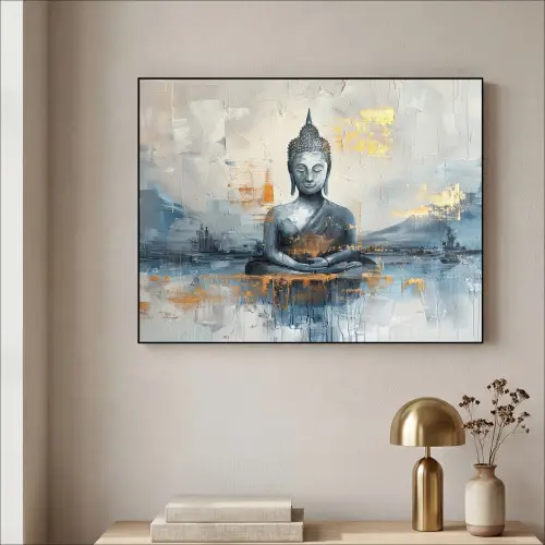 Buddha - Goud - Abstract - Modern Textielframe - compleet frame klein -sfeer2
