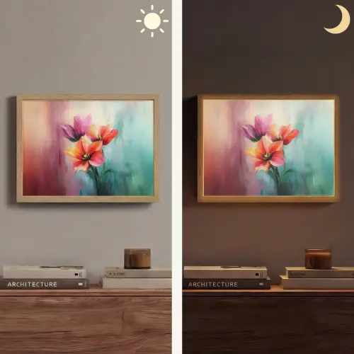 Tulpen - Lichtreflecties - Kleurverloop Light Box met batterij (Wandlamp) middel -sfeer3
