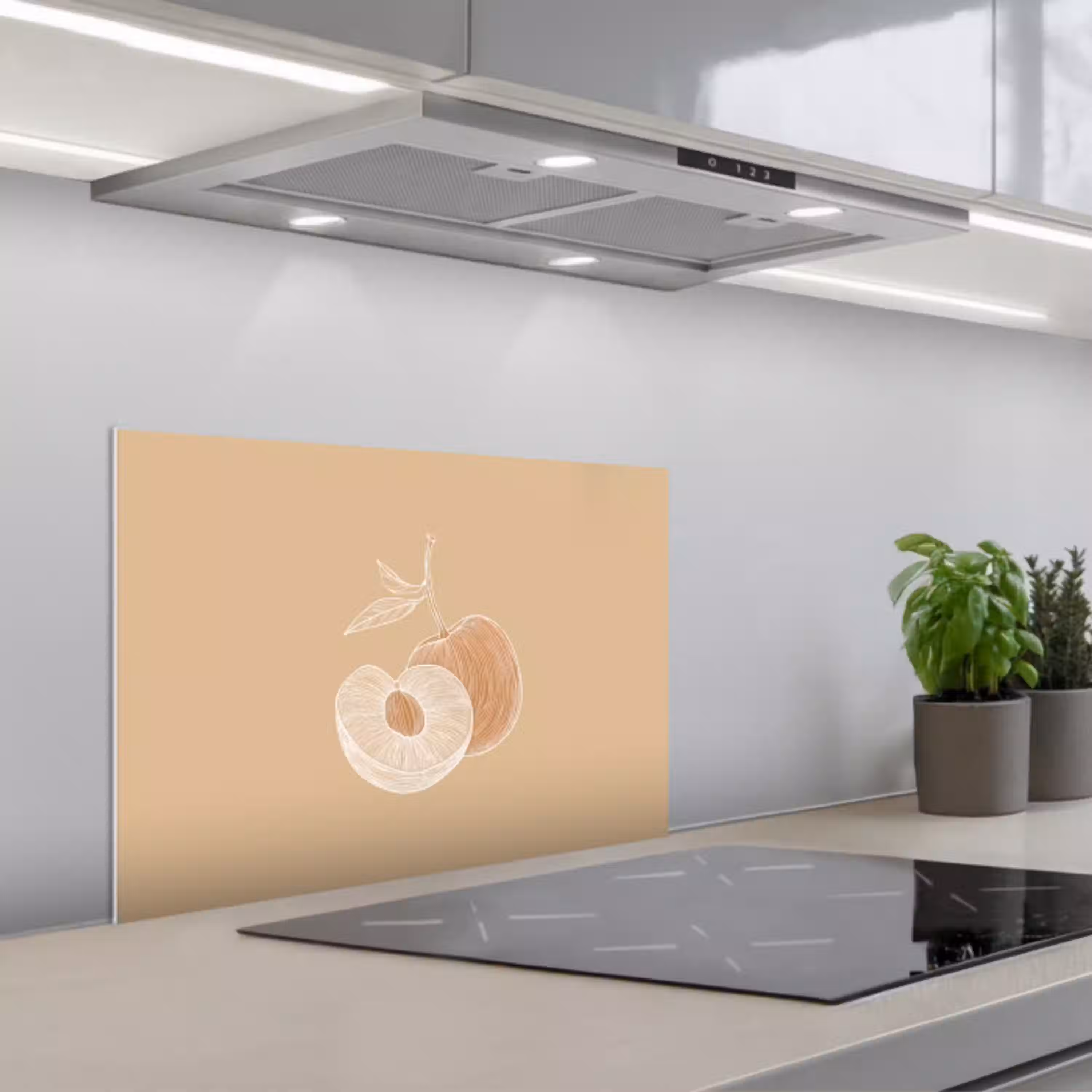 Perzik - Lijntekening - Pit - Beige keuken achterwand spatscherm klein -3d_schuin
