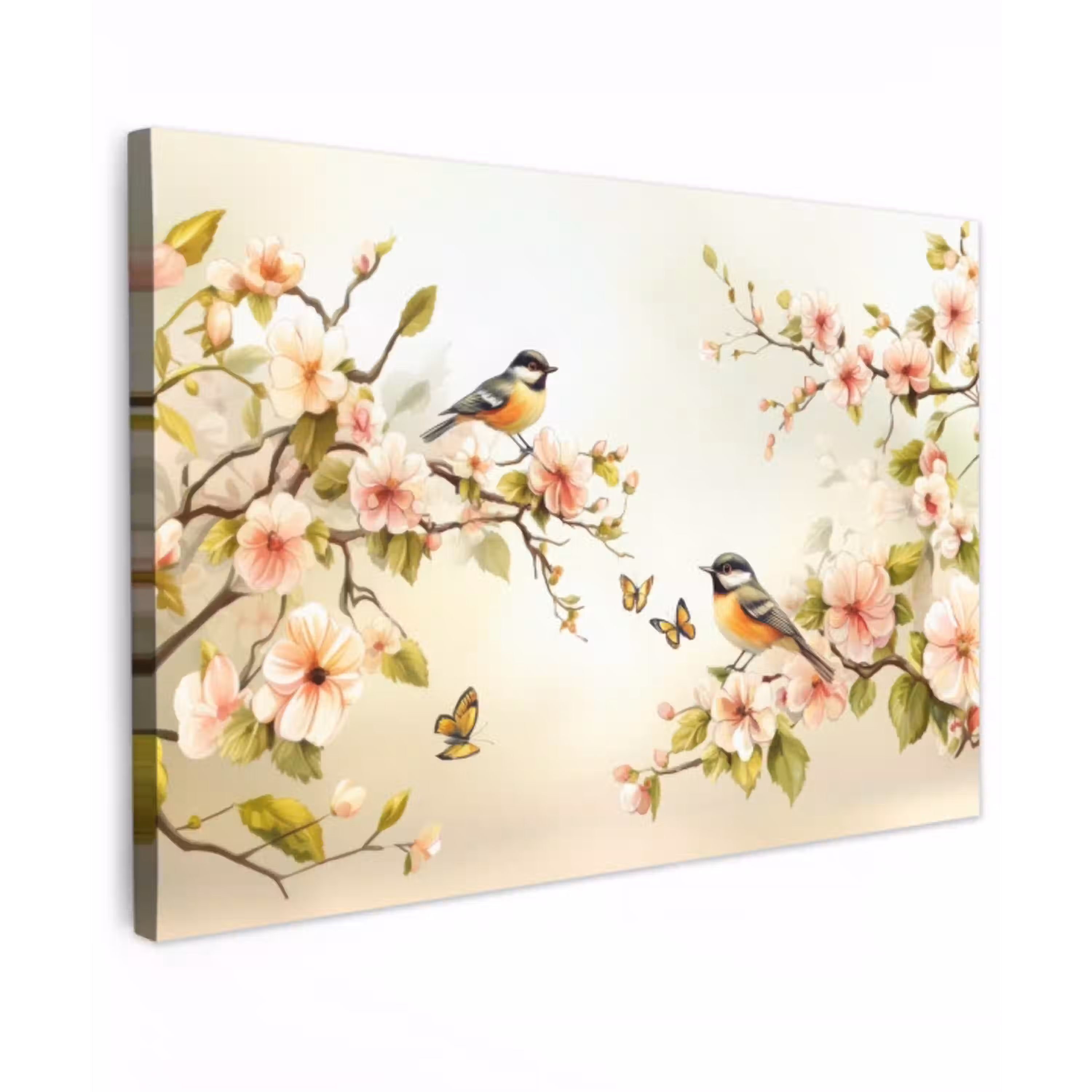 Takken - Bloemen - Vogeltjes - Roze Tuinposter op houten frame 2 cm dik klein -3d