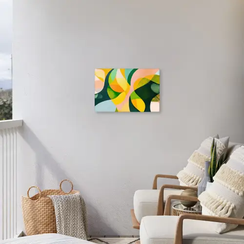 Abstract - Geel - Roze - Groen Tuinposter op houten frame 2 cm dik klein -sfeer1