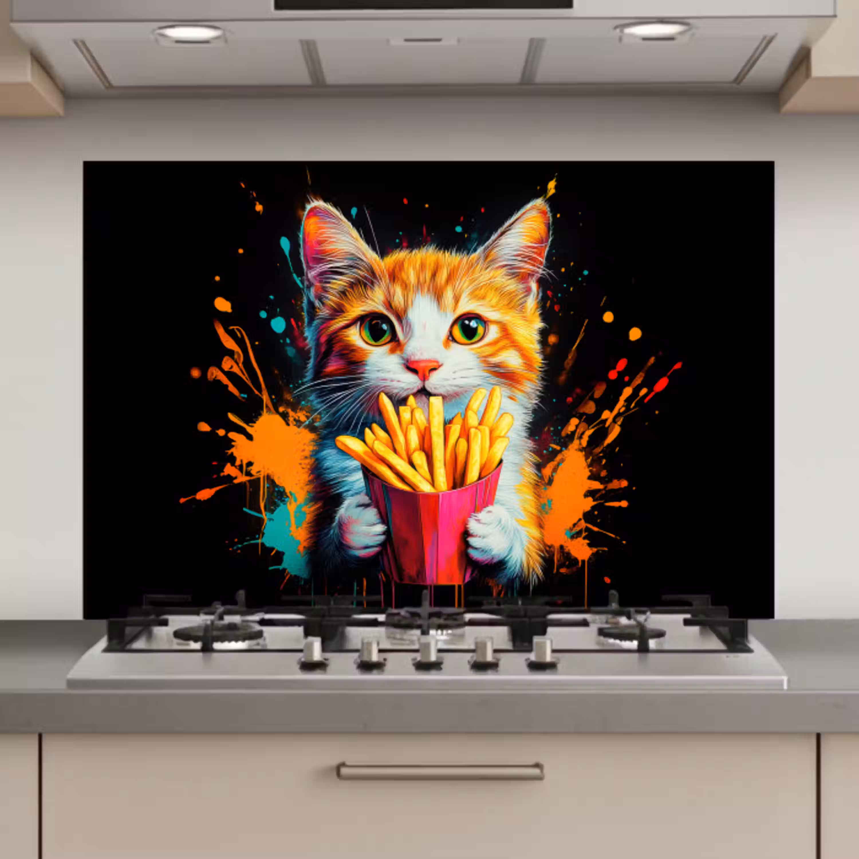 Kat - Eten - Patat - Graffiti - Abstract keuken achterwand spatscherm klein -3d_website