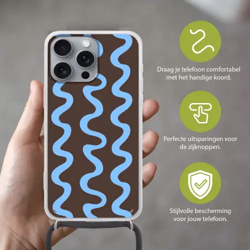 Kronkelende lijnen - Blauw - Bruin - Minimalistisch Hoesje iPhone 16 Pro Max met koord klein 804 -sfeer2_NL