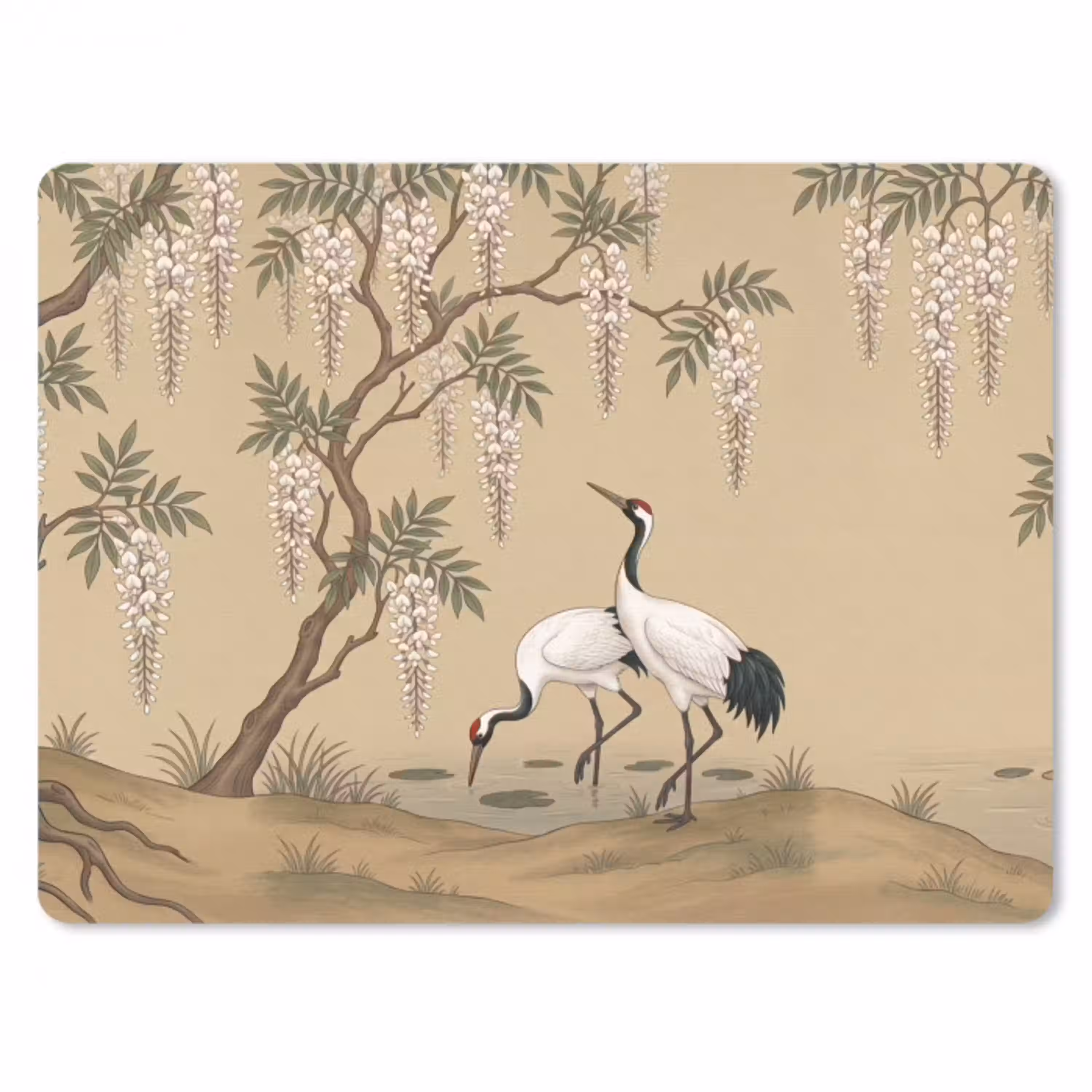 Kraanvogels - Water - Beige muismat rubber klein -3d