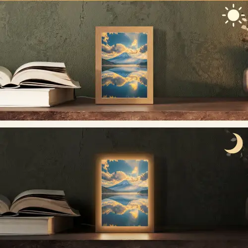 Berg - Rivier - Zonsondergang Light Box met kabel (Tafellamp) klein -sfeer3
