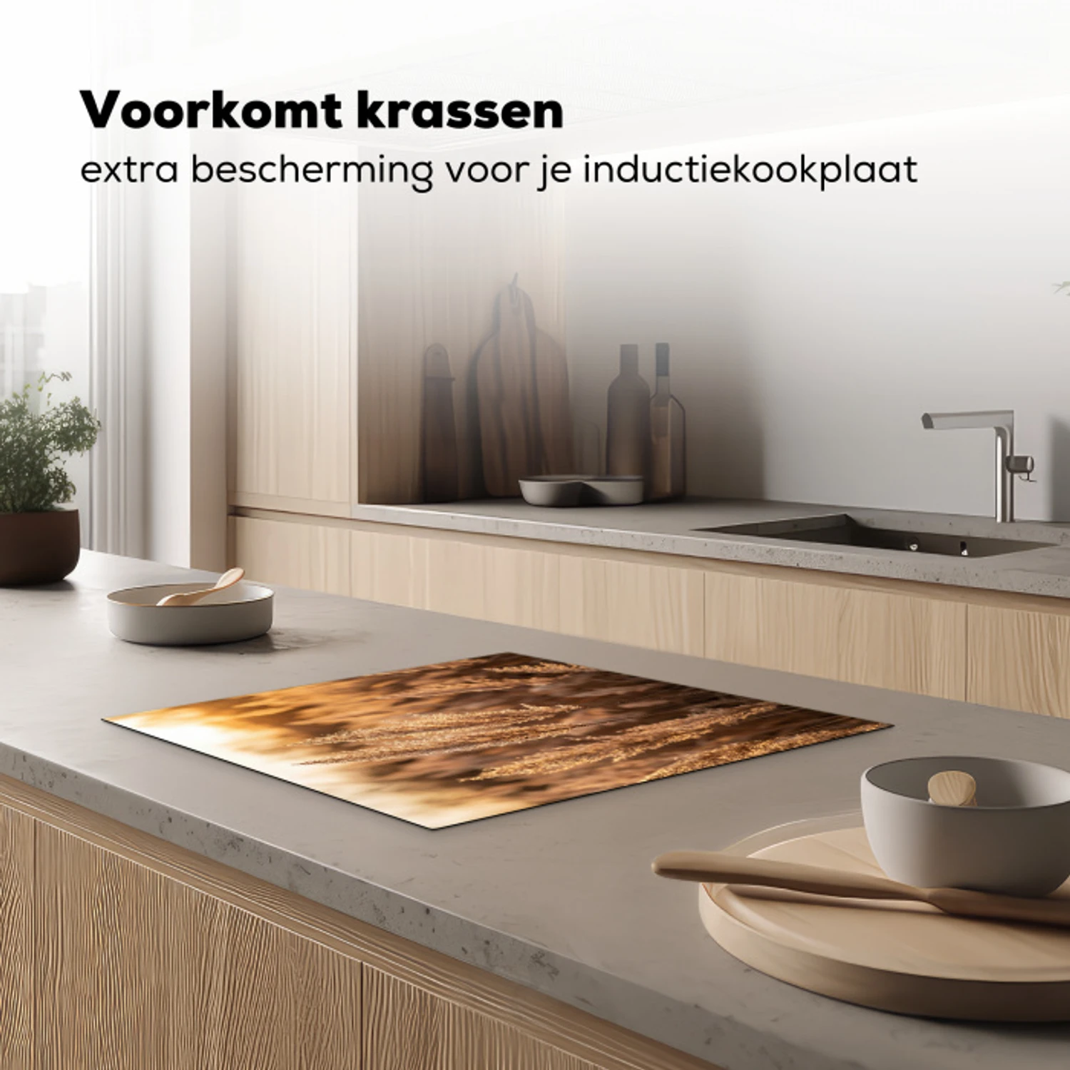 Rietpluimen - Gras - Zonsondergang - Goud - Serene Inductie beschermer vinyl 3mm middel -sfeer1