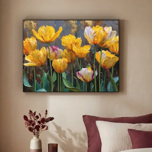 Tulpen - Geel - Penseelstreken - Abstract Textielframe zwart klein -sfeer1