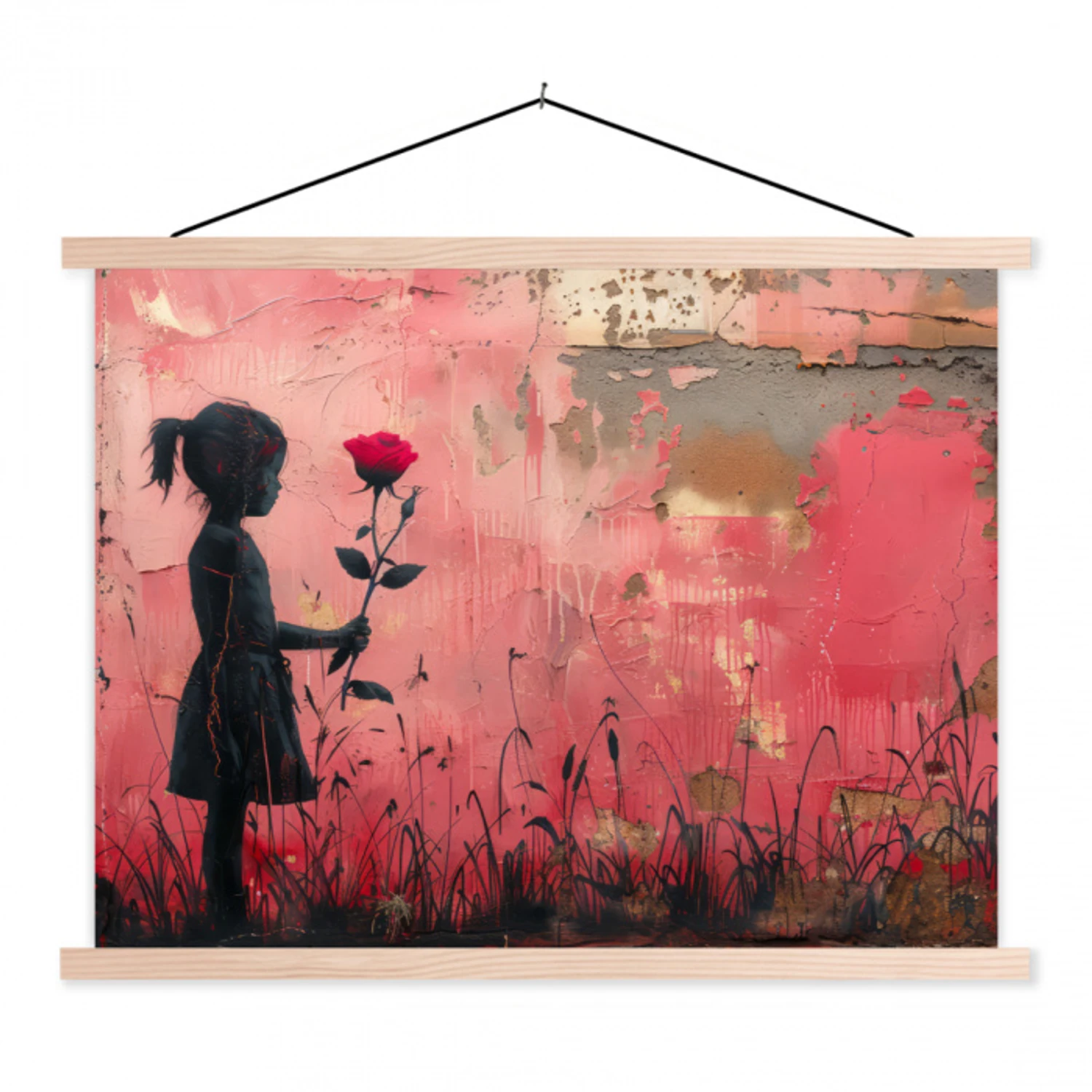Graffiti - Meisje - Roze - Street art - Roos - Banksy textielposter latten blank klein -3d