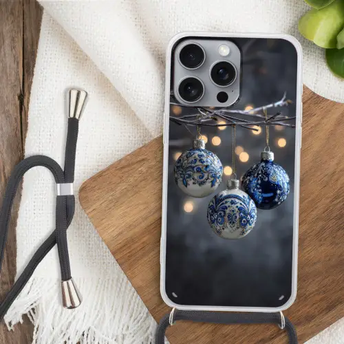Kerstbal - Versierd - Blauw Hoesje iPhone 16 Pro Max met koord klein -sfeer4