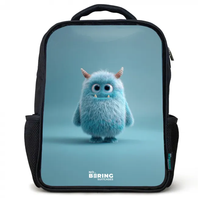 Rugzak kind - Zwart - Blauw pluizig monster met hoorns