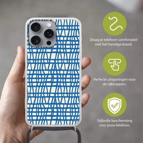 Ruitpatroon - Blauw - Crème Hoesje iPhone 16 Pro Max met koord klein 804 -sfeer2_NL