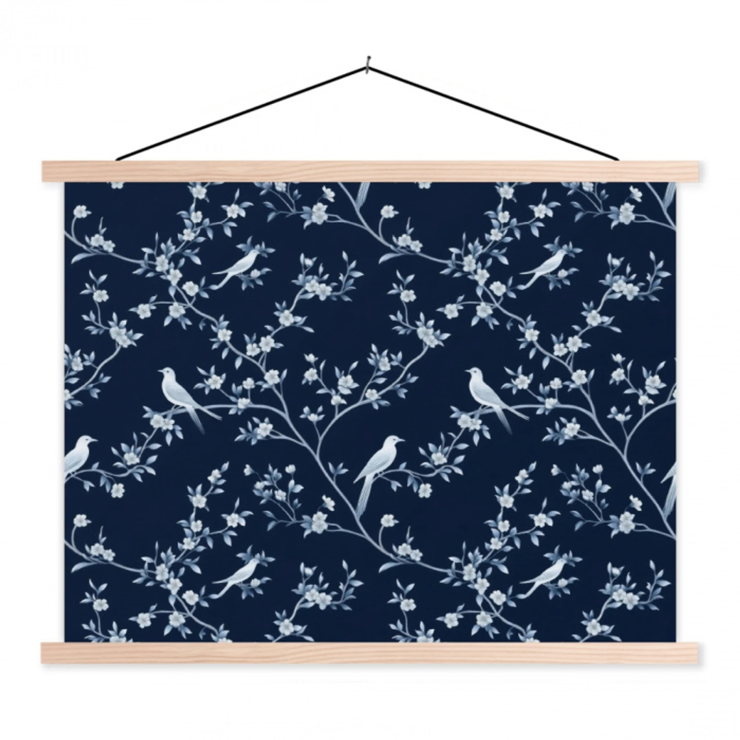 Grafisch - Bloesemtak - Blauw textielposter latten blank klein 122 -3d
