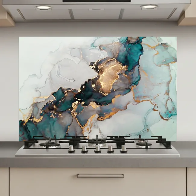Marmer print - Goud - Blauw keuken achterwand spatscherm klein -3d_website