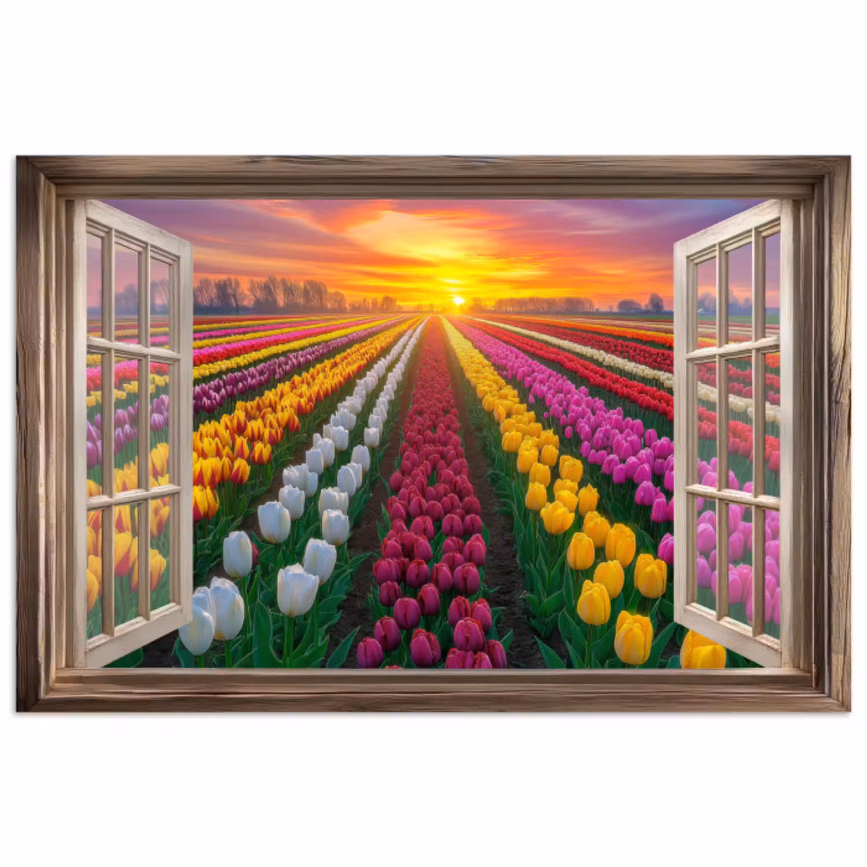 Doorkijk - Bloemen - Tulpen - Kleurrijk - Zonsondergang poster papier klein -3d